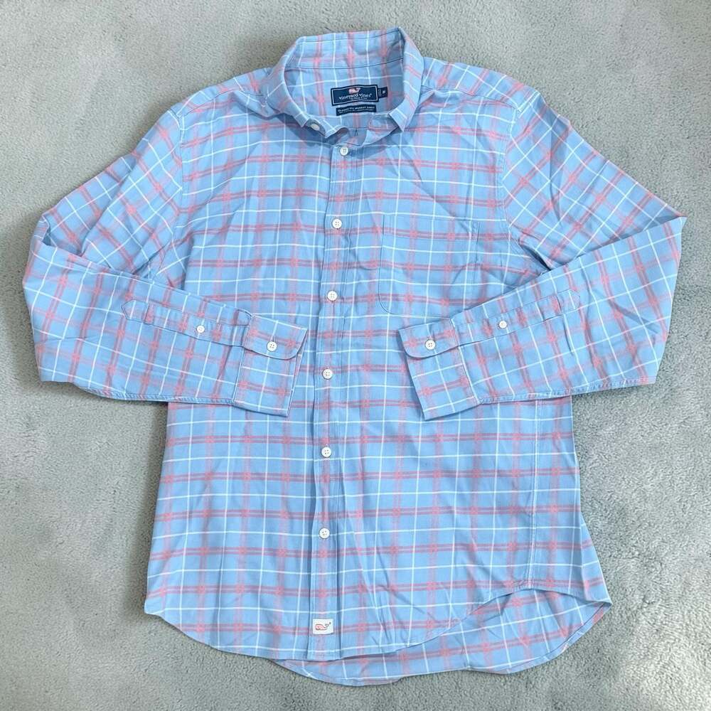 Vineyard Vines Classic Fit Murray Long Sleeve Blue Pink Plaid Shirt Mens Size M